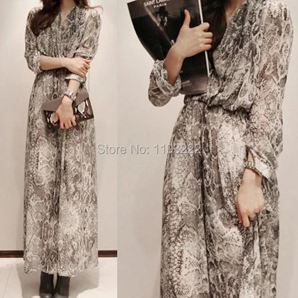 

2PC Fashion Women Retro Vintage Long Sleeve Chiffon Boho Snakeskin Empire Waist Party Eveing Long Dress