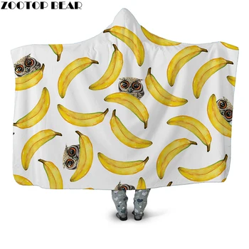 

Yellow Banana 3D Printed Plush Hooded Blanket for Adults Children Warm Wearable Fleece Throw Blanket Home Office Washable Cloak