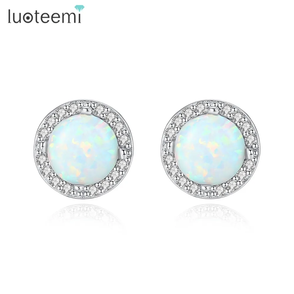 

LUOTEEMI Small 925 Sterling Silver Round Stud Earrings for Girl Dating with Tiny CZ Opal Engagement Earrings Jewelry Bijoux Gift