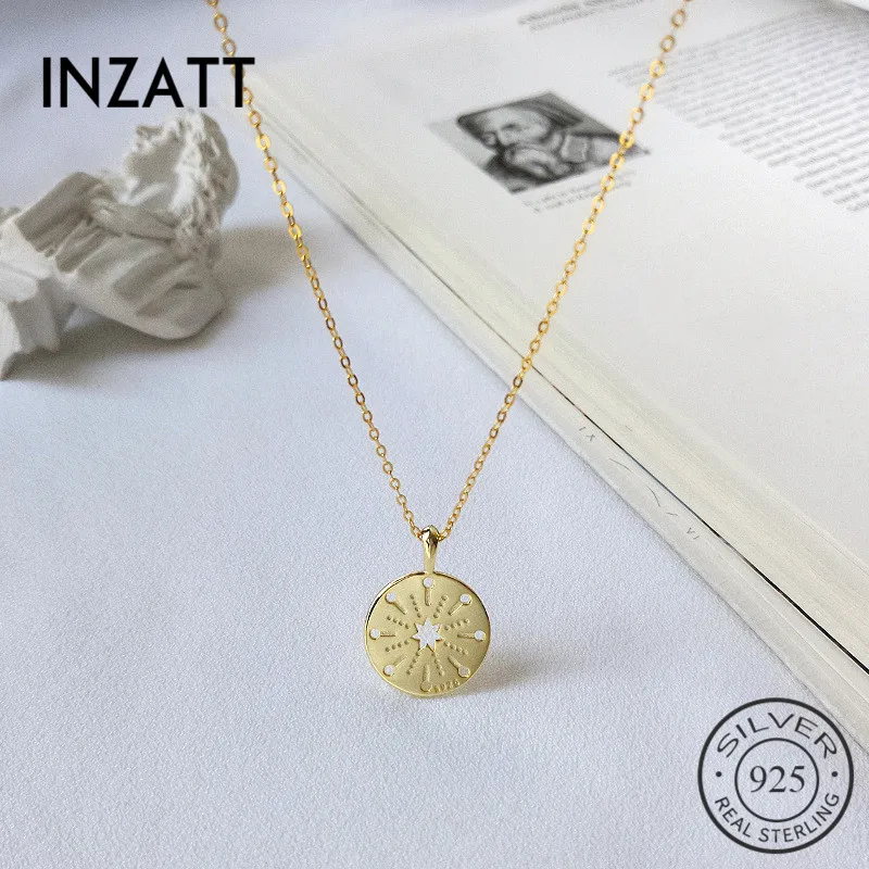 

INZATT Real 925 Sterling Silver Geometric Round Pendant Necklace For Fashion Women Party Hollow Star Fine Jewelry Hiphop Gift
