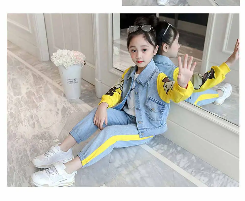 Autumn Girls Set Cartoon Pattern Jacket+Jeans Fashion Clothing For Girls Teenage Spring Clothes For Kids 4 6 8 12 13 Years