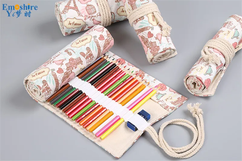 Emshire Paris Tower small fresh canvas handmade curtain 12 24 36 48 72 hole volume pencil case pen color lead storage (5)