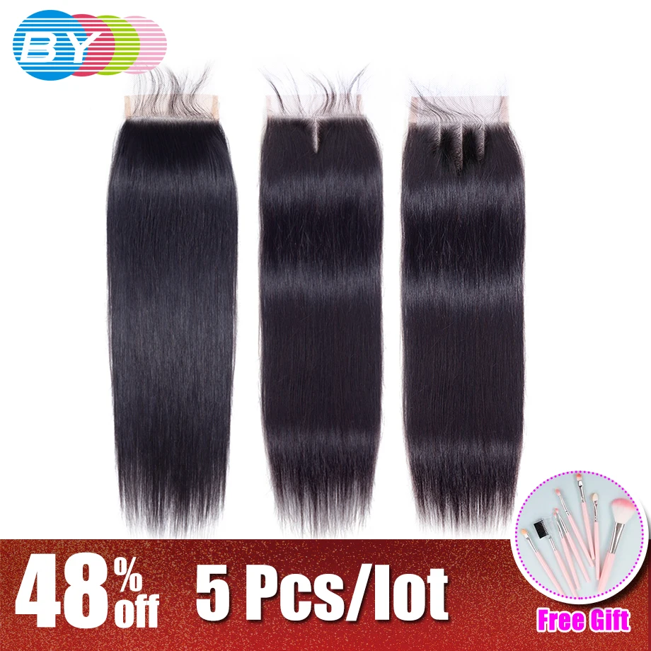

BY Lace Closure Brazilian Natural Color 4*4 Free/Middle/Three Part Remy Straight Human Hair Closure 8 to 22 Inch 5Pcs/lot