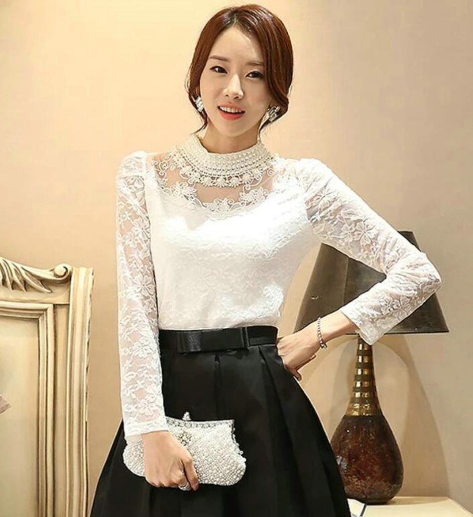 Lace Blouse 2017 Fashion Autumn Women Blouse with Long Sleeve White Studded Beaded Pluse Size Blouses09