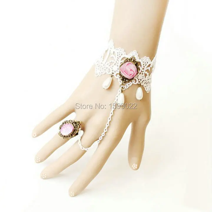 

Gothic Lolita Pink Rose Charm White Lace Bracelet with Ring Chain Graduation Party Hand Accessories Latin Dance Wear for Women