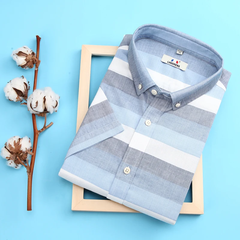 Langmeng العلامة التجارية جديد القطن الكتان الصيف صالح سليم عارضة قمصان قصيرة الأكمام مخطط قميص الاجتماعي الرجال اللباس قمصان قميص أوم