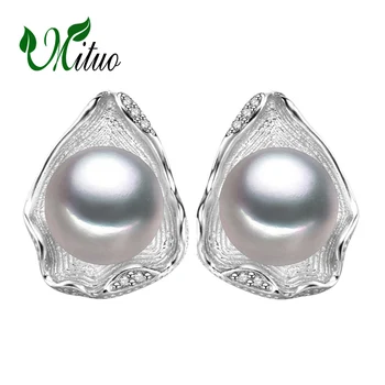 

MITUO Freshwater Pearl stud Earrings AliExpress 925-sterling-silver Earrings female 8-9mm Pearls Jewelry Classic earrings