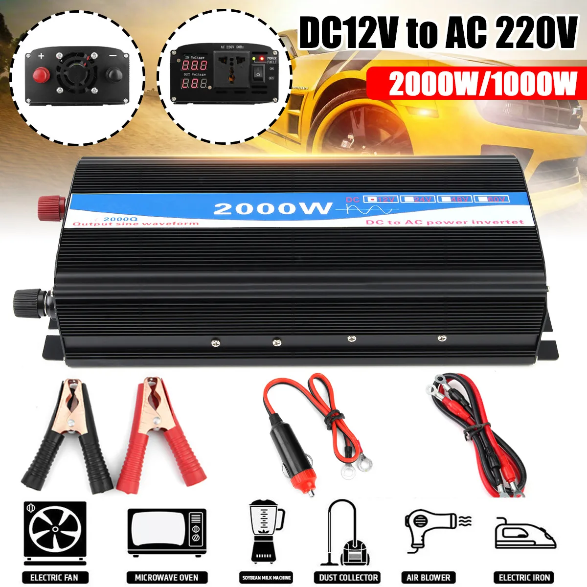 

12V-220V 2000W Pure Sine Wave Inverter LED Power Inverter DC12V to AC 220V Digital Display