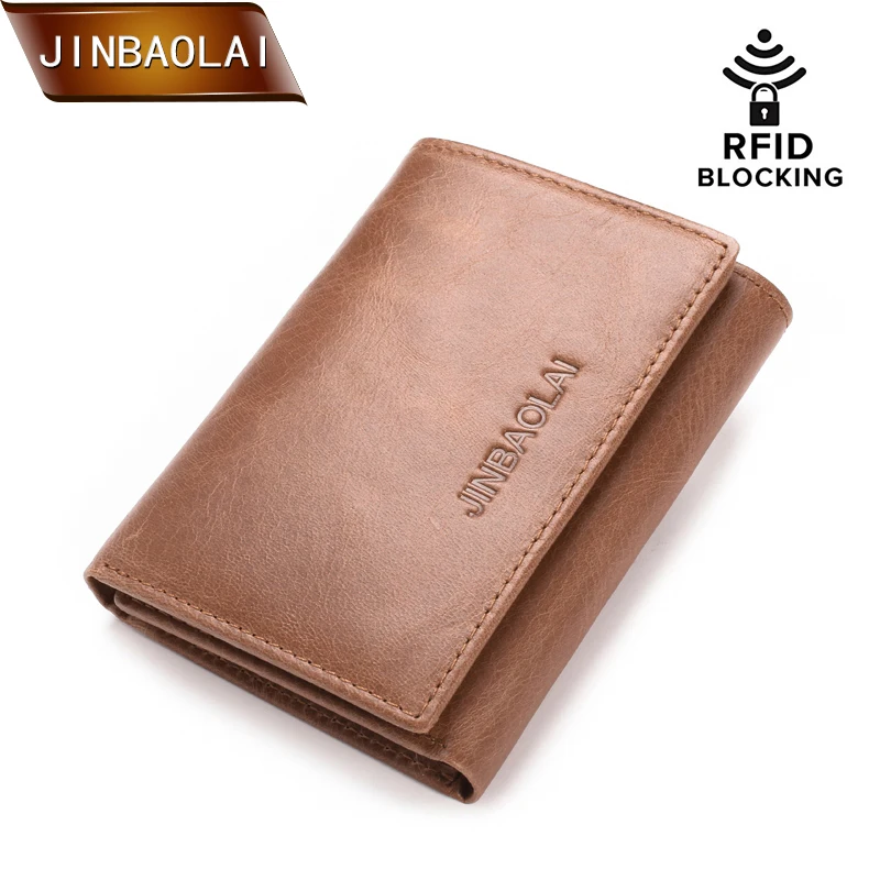

JINBAOLAI Genuine Leather Men Wallets Trifold Wallet with Double ID Window RFID Blocking Credit Card Holder Coin Purse Carteira