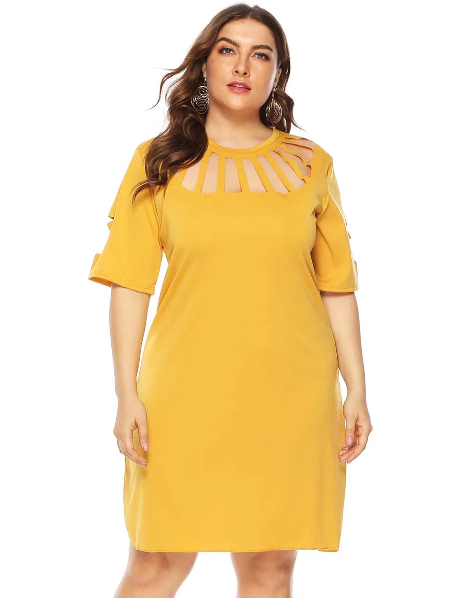 oversized dress Women Plus Size Solid Color Hollow Loose Split Sexy Dress summer ladies solid color knee length shift dresses - Цвет: Yellow