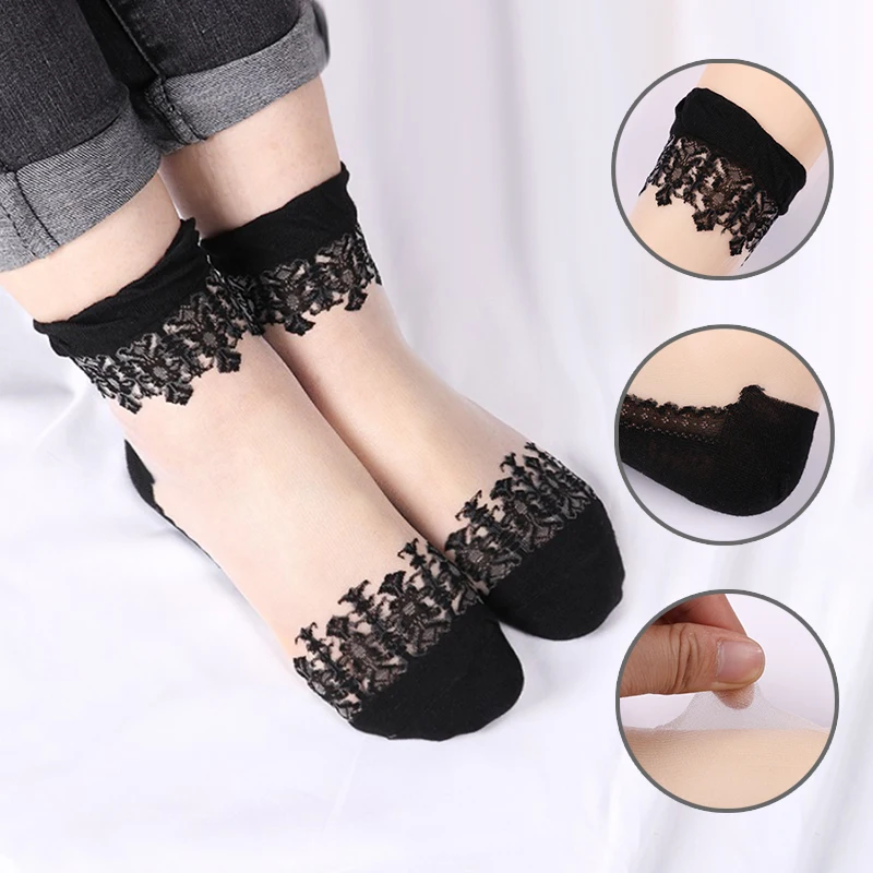 

10Pcs=5 Pair/Lot Hot Sale Cool Breathable Summer Style Sexy Black Skin Socks Pure Color Lace Women Girls Nylon Socks