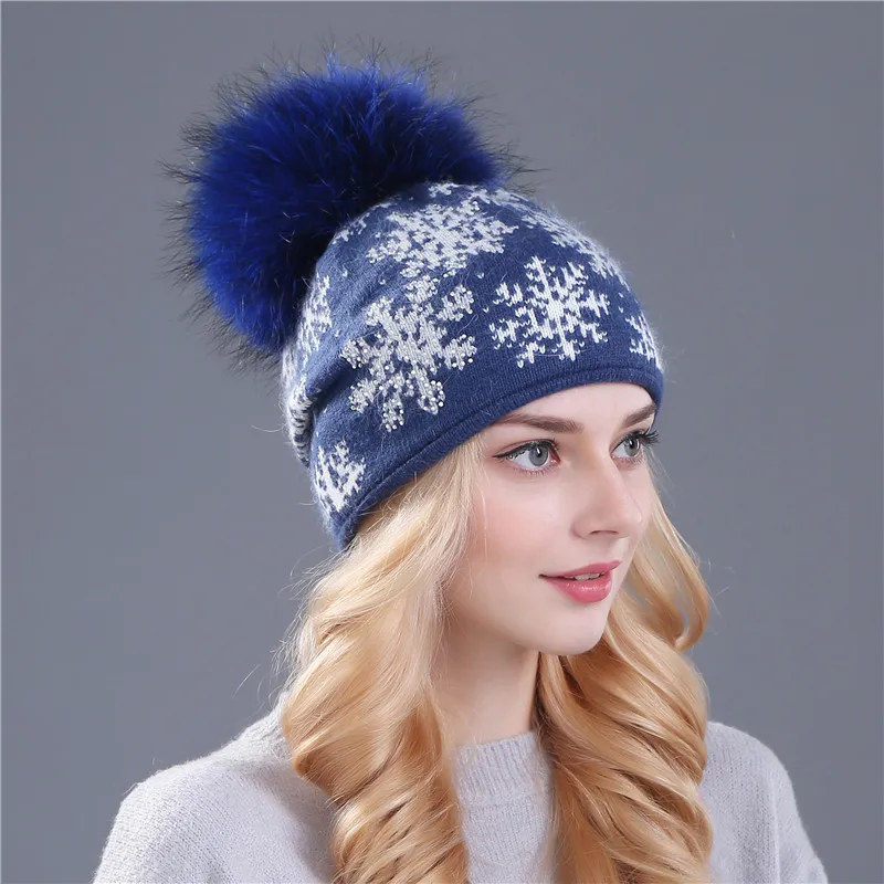 blue hat dark pom XTHREE, настоящая норка, помпоны, шерсть, мех кролика, вязанные шапочки Skullies, зимняя женская шапка, шапка для девочек, feminino beanies, шапка - Цвет: blue hat dark pom