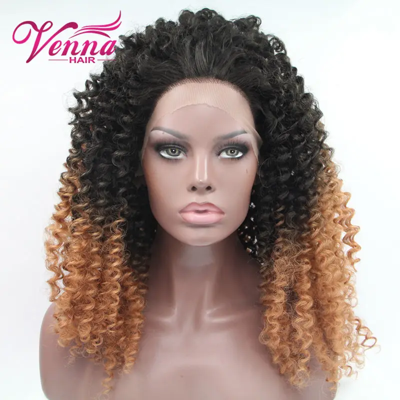 Fashion Black Brown Ombre Cosplay Wig Lace Front Wig Tight Kinky Curly Short Heat Resistant Synthetic