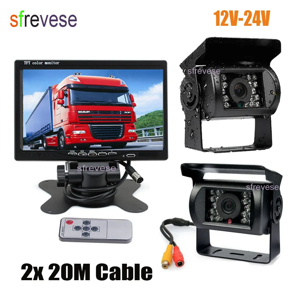 

2x 18 IR Night Vision Parking Reversing Backup Camera Car Rear View Kit + 7" LCD Monitor 20M Cable for Bus Truck Motorhome