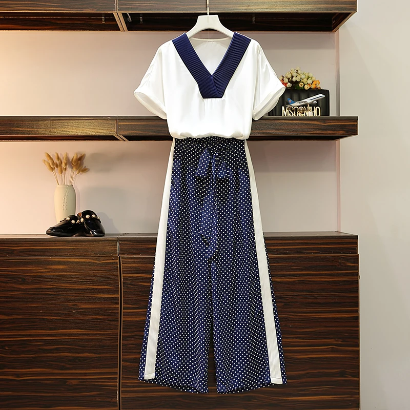 

5XL Women Blue V-neck White Blouses Shirts + Blue Polka Dots Wide Leg Pants 2pcs Clothing Sets Large Size Summer Chiffon Suits