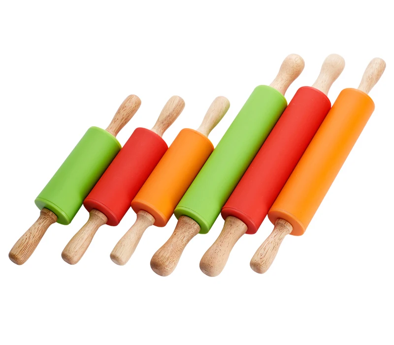 Non-Stick Kitchen Silicone Rolling Pin Large Small Wooden Handle Silicone Dough Roller Stick Pastry Baking Tools Bakeware (1-1)