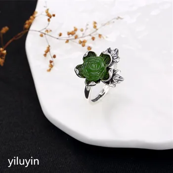 

KJJEAXCMY boutique jewelry S925 Sterling Silver Antique inlaid and Tian Biyu lotus Cloisonne lady high-end open ring