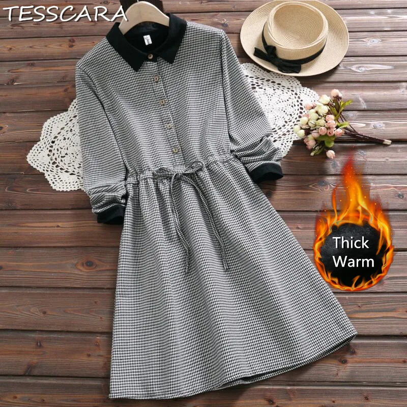 

TESSCARA Women Autumn & Winter Warm Thick Casual Shirt Dress Female Designer Plaid Vestidos Korean Sweet Girl A-Line Robe Femme