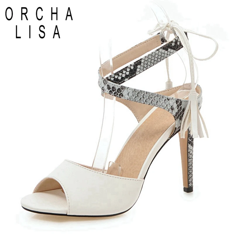 

ORCHA LISA Women's sandals High thin heels Peep toe Cross tied Crocodile pattern Black White Summer Big size 34-48 Cool C1226