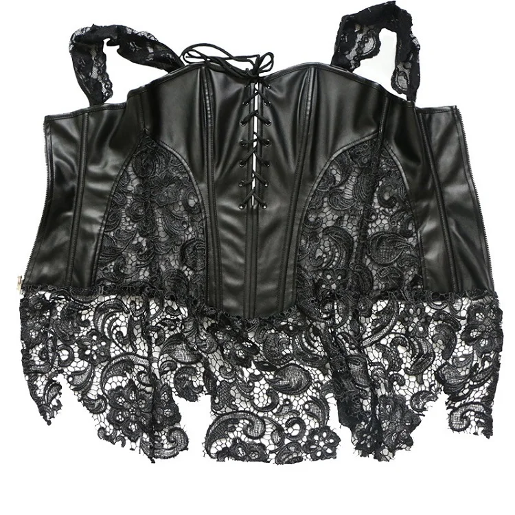 Sexy Lingerie Women Black Faux Leather&Lace Burlesque Steampunk Corset Dress Waist Gothic Bustier Corpet Plus Size