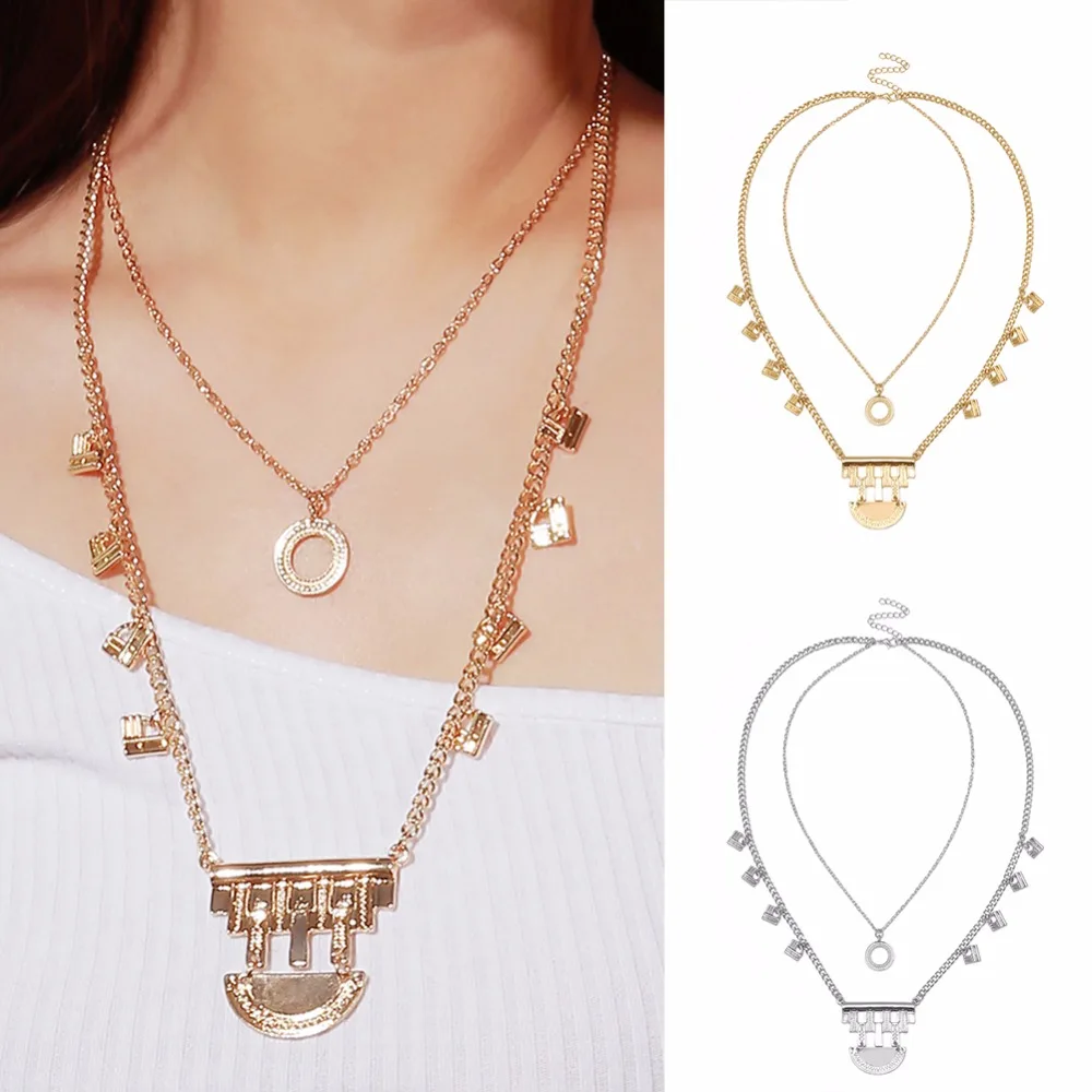 New Round Pendant Double Layers Vintage Chain Pendant Necklace Women