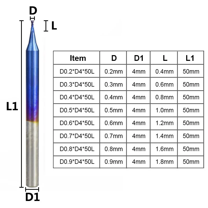 1 шт. 4 мм хвостовик плоский Фрезерный резак 0,2-0,9 мм микро Гравировальный Бит 2 флейты нано синее покрытие фрезерный станок с ЧПУ Бит