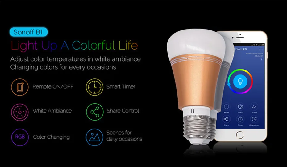 8---2018 New Sonoff B1 wifi Smart LED Lamp E27 Dimmable RGB Timer Bulb 