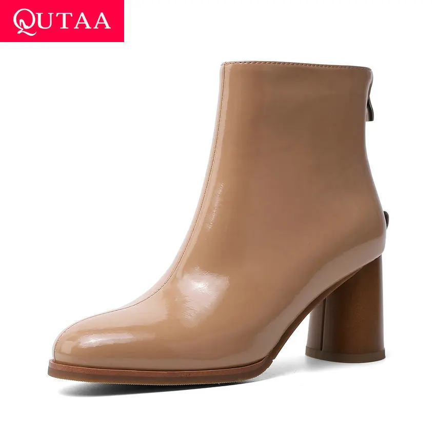 

QUTAA 2020 New Autumn Winter Round Toe Zipper Casual Ankle Boots Patent Leather Fashion Square High Heel Women Shoes Size 34-39