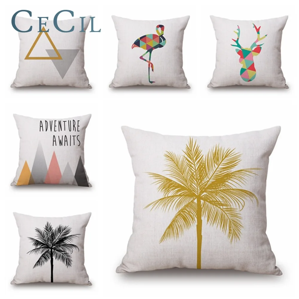 

55*55cm Simple Elegant Sofa Decorative Pillow Cover Linen Cotton Coconut Tree Cushion Cover Home Car Pillowcase Pillow Cover