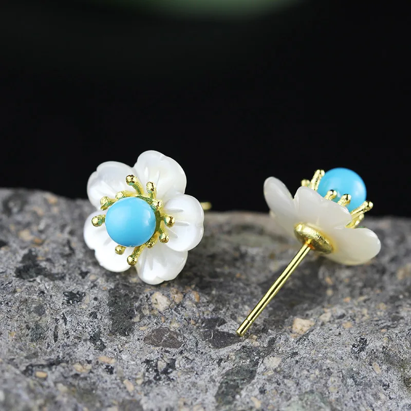 

925 Sterling Silver Retro Vintage Small Flowers Sturds Earrings For Women Ladies With Natural Turquoise Lapis Onyx Gemstone