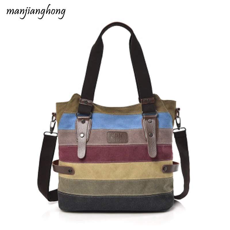 

Canvas contrast color shoulder slung female ladies bag Korean version of canvas color striped portable contrast color bag