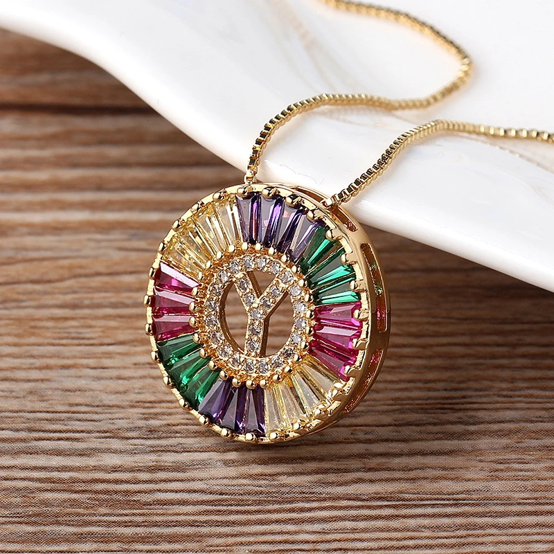 

New Fashionable Rainbow Gold Micro Pave CZ Cubic Zirconia A-Z Initials Letter Pendant Necklaces For Women Family Jewelry Gift