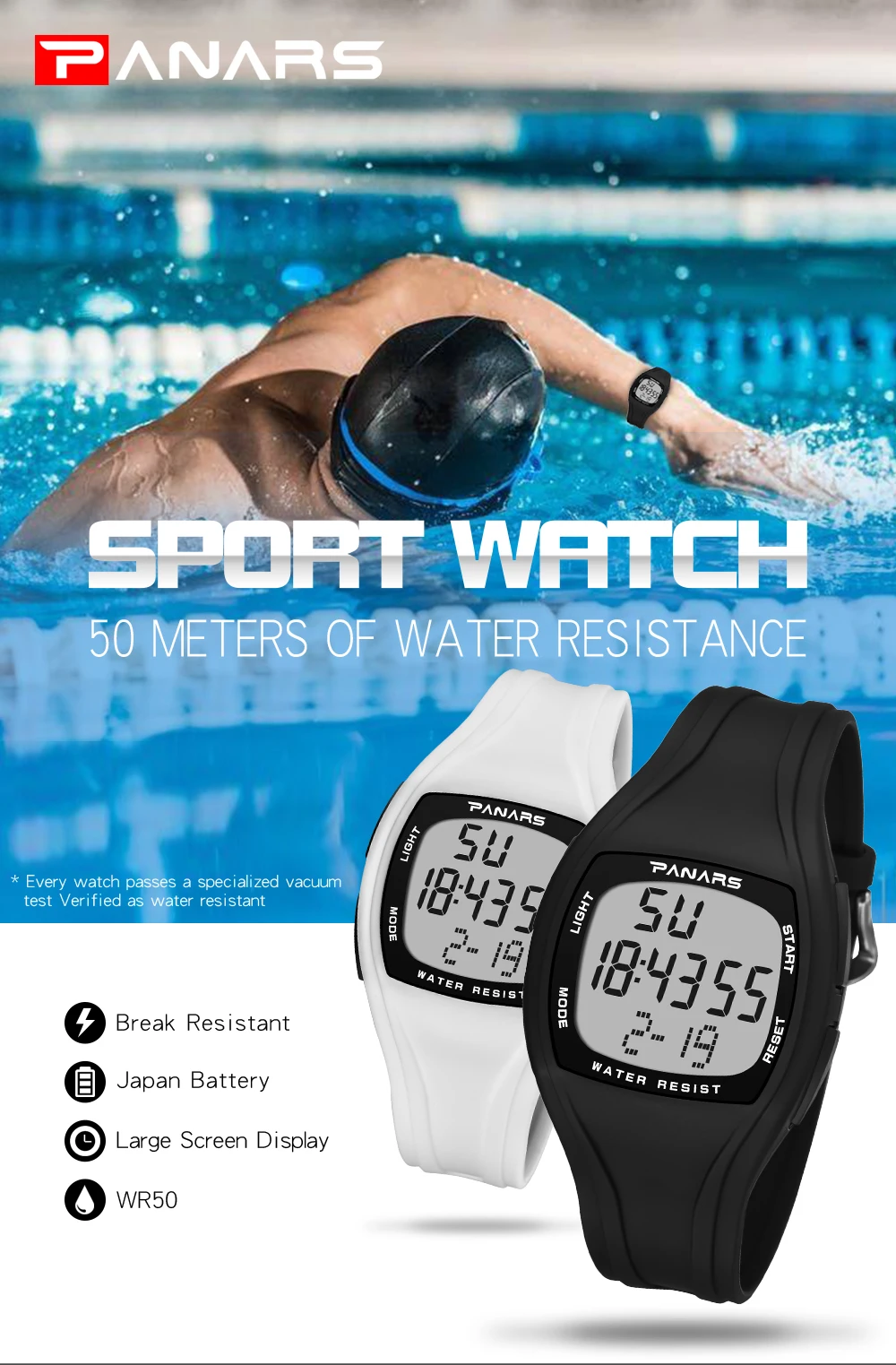 PANARS Men's Sports Watch Mens Ladies Watches 5Bar Swimming Waterproof Wrist Fitness Digital Alarm Clock Relogios Hombre 2020