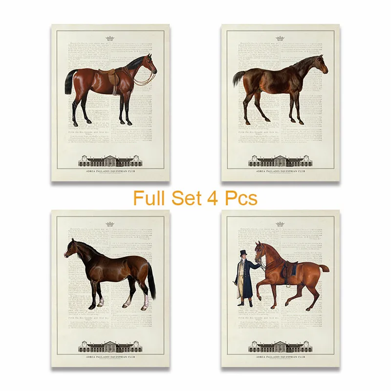 Винтажный Европейский Конный клуб Конный конь изобразительная лошадь плакаты и принты на холсте художественная Настенная картина для гостиной домашний декор - Цвет: Full Set 4 Pcs