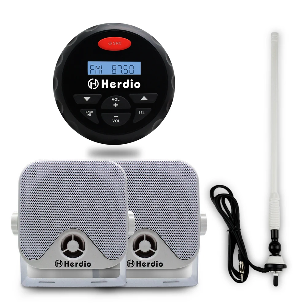 

Waterproof Marine Gauge Bluetooth Stereo Motorcycle Audio FM AM Radio Boat ATV UTV 4" Marine Surface Mount Speakers + Antenna