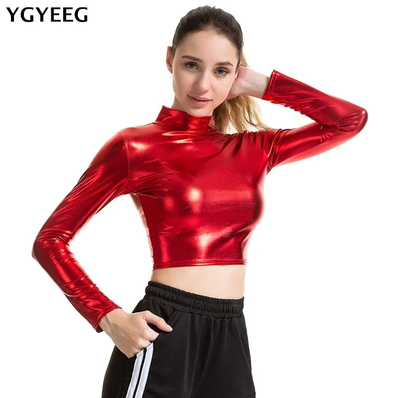 

YGYEEG Women Long Sleeve T-Shirt 2019 Spring Summer Womens Sexy Turtleneck Female T Shirt Plus Size XXL Bright Leather Tshirts