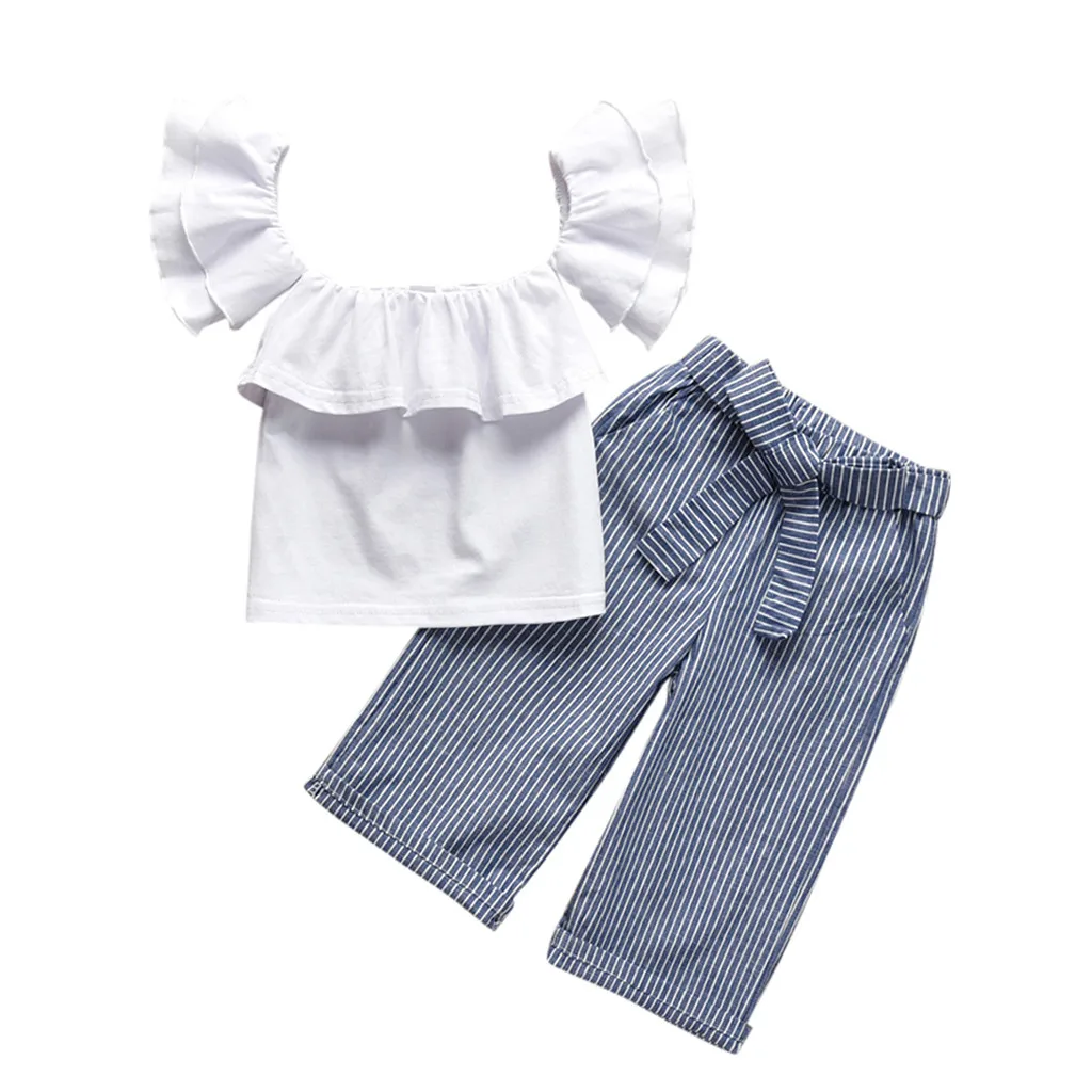 

ARLONEET Toddler Girls Kids clothes Off Shoulder Ruffle letter print pullover T-Shirts striped Trousers 2p cotton Baby Outfits