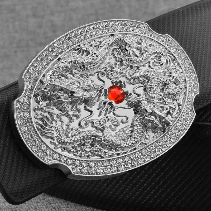 

2018 Casual belt men fancy vintage Chinese Dragon Cowskin Waistband smooth button Waist Strap luxury genuine leather ceinture