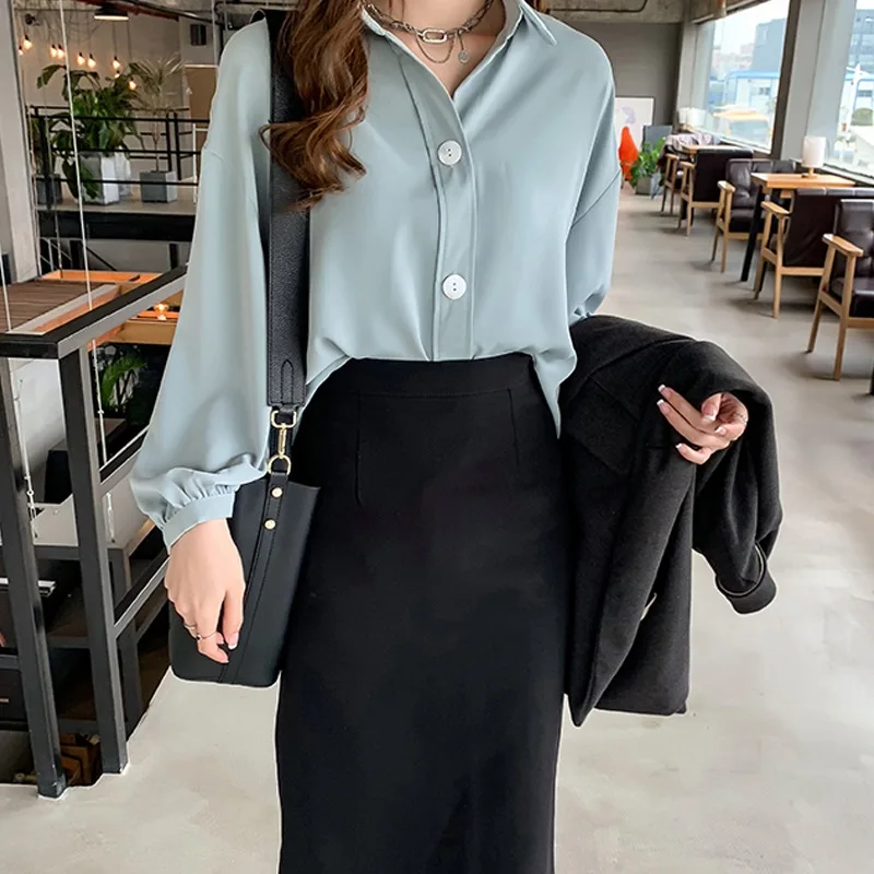 

Blouse Women Chiffon Turn Down Collar Solid Long Sleeve Loose Blouse OL Fashion blusas mujer de moda 2019 Korean Style plus size