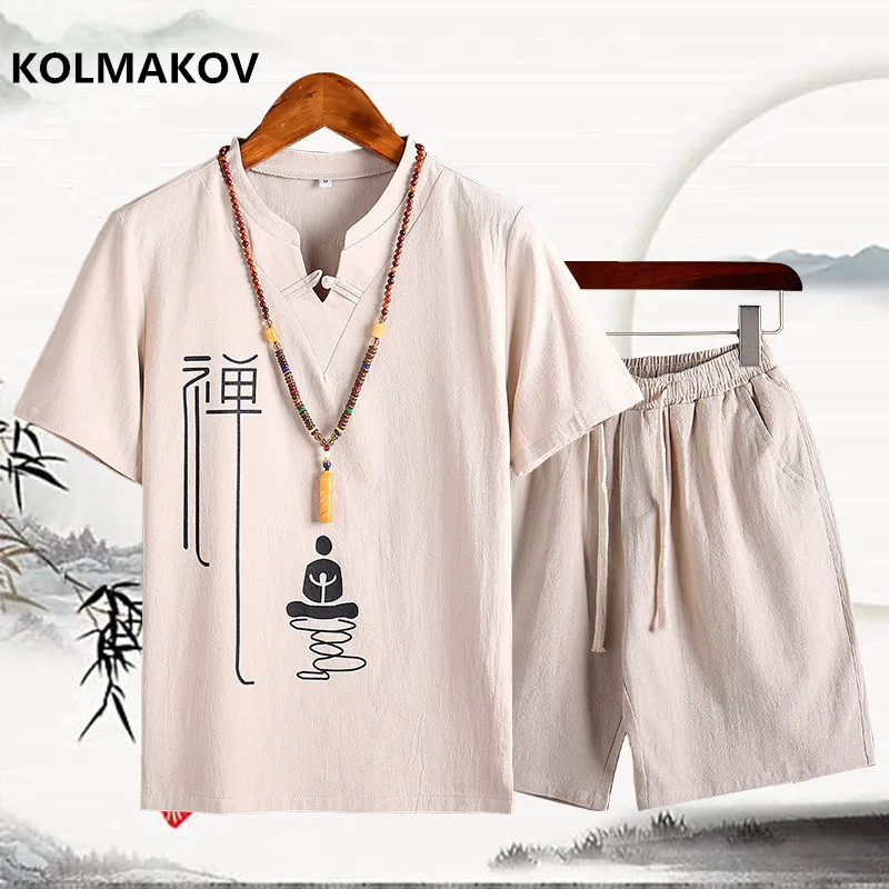 (Shirt + shorts) 2019 summer Short sleeve men shirt Man Cotton and linen shirts men's High quality of casual fashion shirts men
