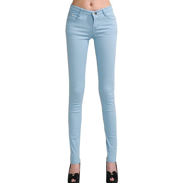 Женские джинсы, яркие брюки, узкие джинсы, женские эластичные облегающие брюки, средняя талия, полная длина, на молнии, Стрейчевые узкие женские штаны - Цвет: Light Blue Jeans