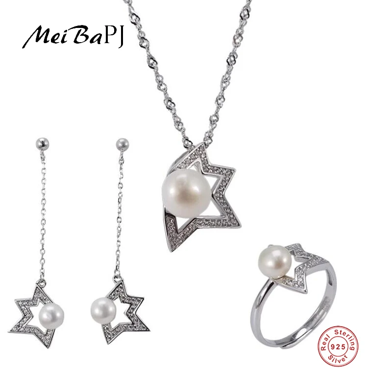 

[MeiBaPJ]New Fashion Real 925 Sterling Silver Maple Leaves Jewelry Set Natural Pearl Pendant Ring and Earrings 3 Sets for Women