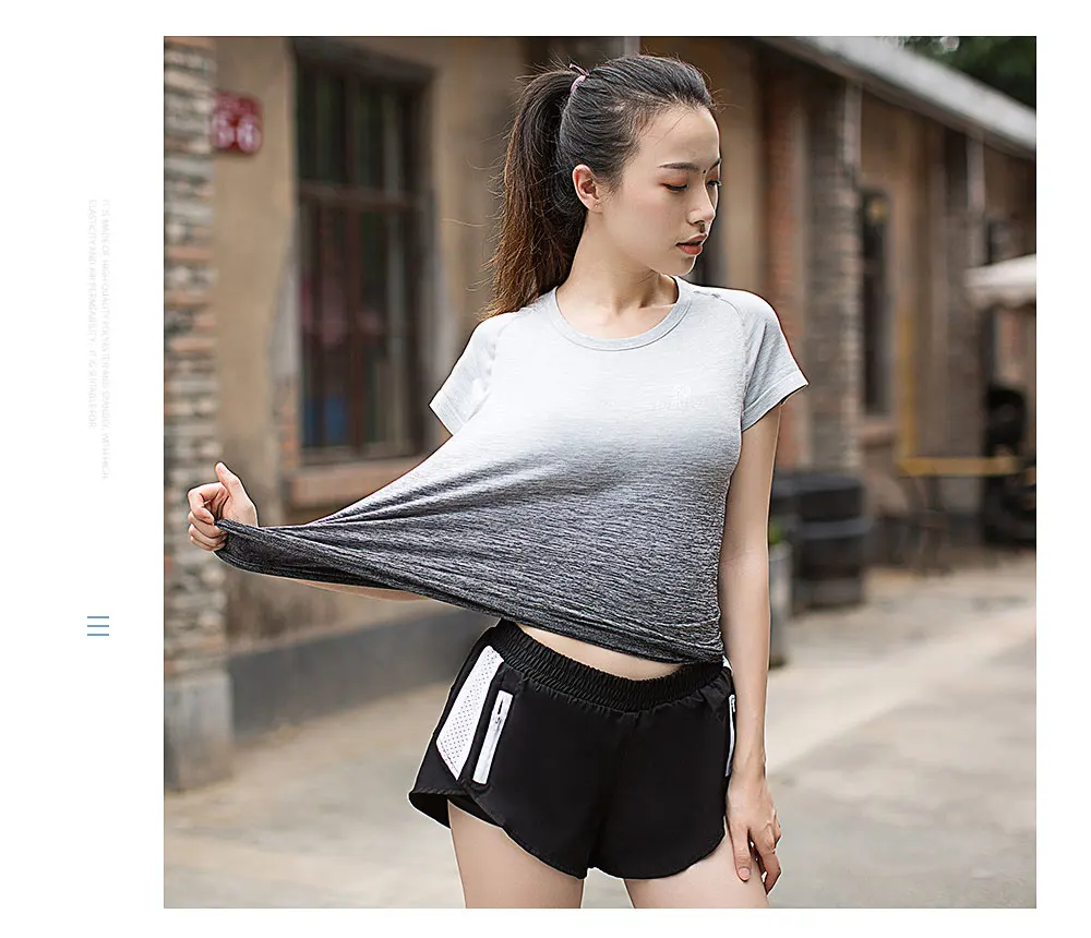 Летняя быстросохнущая Женская эластичная футболка с коротким рукавом для йоги, градиентного цвета, Спортивная футболка для фитнеса, женская спортивная футболка для бега в спортзале