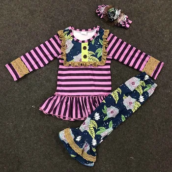

2019 New girls flower outfit purple stripe top and pant set high quality kids clothes