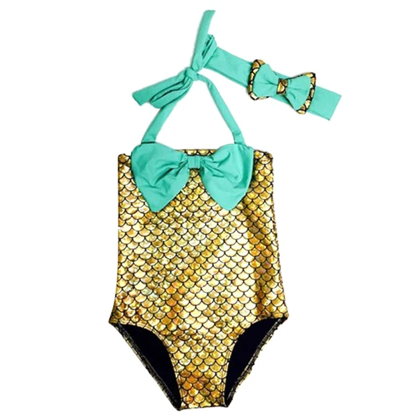 Best Price 2 Pcs/ Set Swimwear+ Hairband Girls Mermaid Plaid Big Bowknot Swimsuit Children's Swimwear Costumes Kids Toddler Girls Bathing