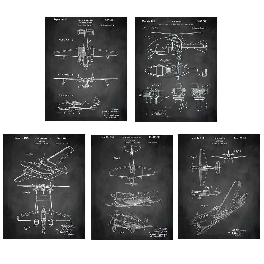 Винтажный запатентованный арт G2 Второй мировой войны самолет постер наборы 5 в 1 самолет детский самолет стены искусства классический самолет