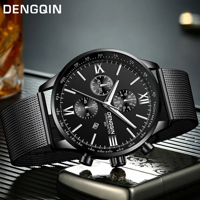 DENGQIN, модные роскошные Брендовые мужские часы, бизнес часы из нержавеющей стали, высокое качество, кварцевые аналоговые Мужские часы с датой, наручные часы