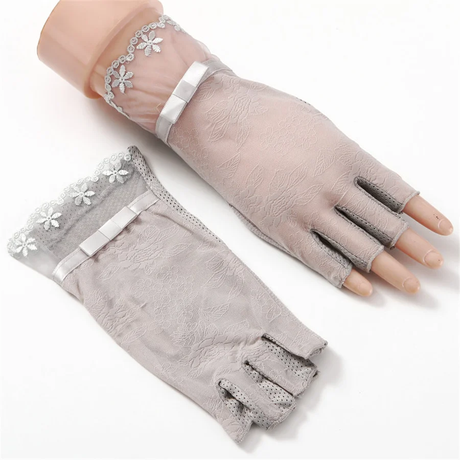 

Summer Sunscreen Ladies Thin Half Finger Gloves Five Fingers Ice Silk Driving Slip Fingerless Fingerless Lace 3-TBFS05