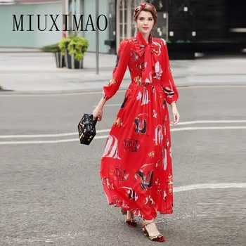 

2018 Europe Elegant New Arrival Spring A-Line O-Neck Full Sleeve Sashes Print High Quality Ankle-Length Long Dress Women