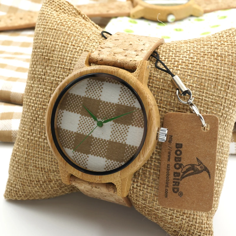 BOBO BIRD V-A28 Check Gingham Dial Round Bamboo Watches Men's Women's Fashion Quartz Wristwatch with Soft Band zegarki damskie